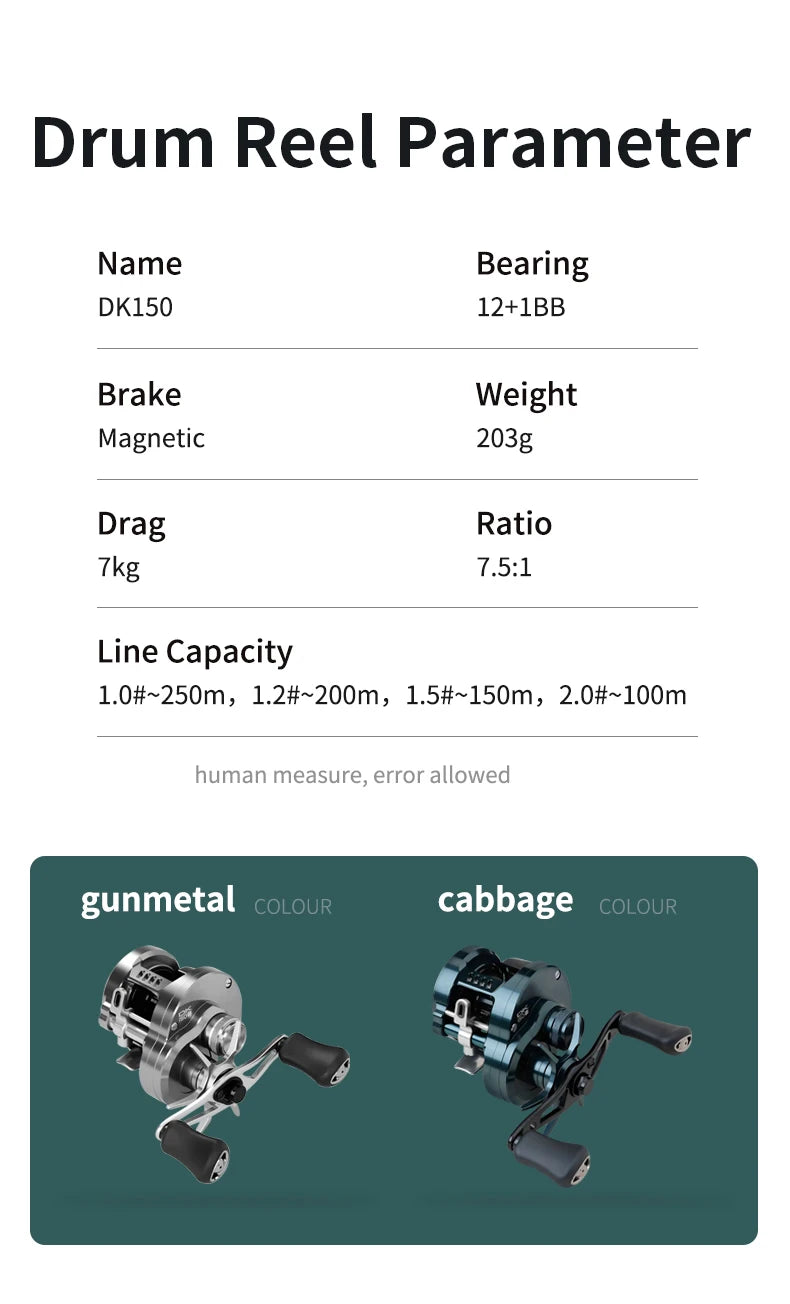 Umi Cast Drum Reel – DK150/DK20 | 7.5:1 Gear Ratio | 7/15kg Drag | Baitcasting | 12+1BB | Aluminum Alloy Handle - Cast And Catch