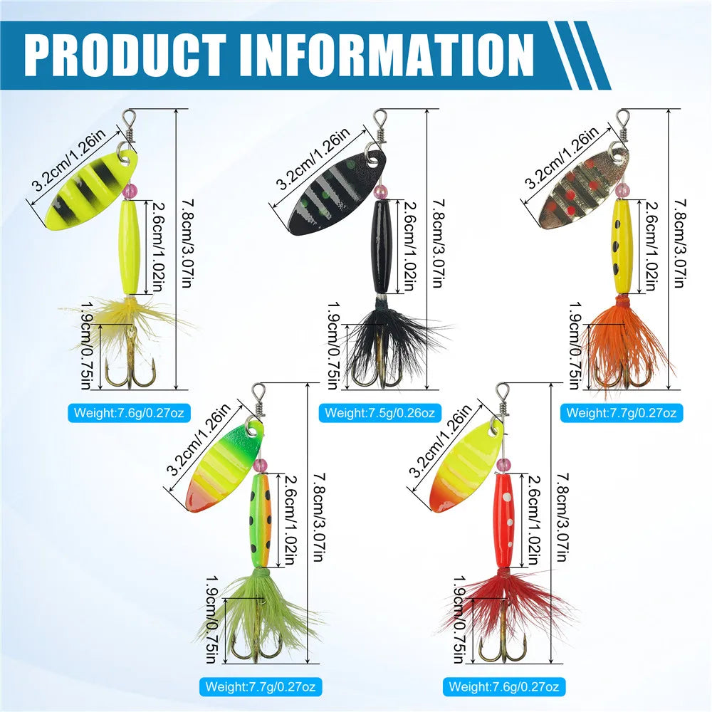5/10/16pcs Spinner Lures – Spoon Bait | Feather Treble Hooks | Pike, Trout, Salmon & Bass - Cast And Catch