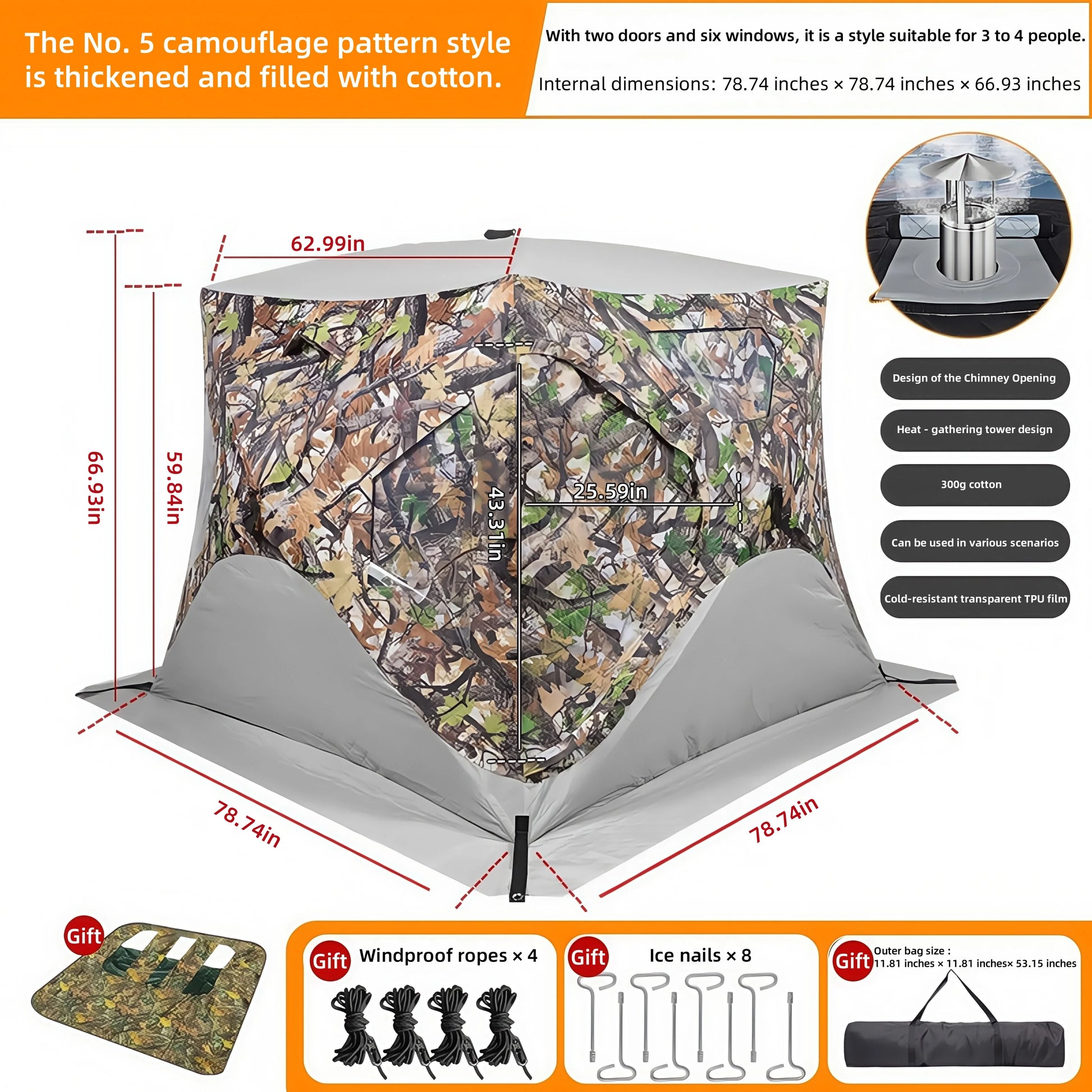 Outdoor Ice Fishing Tent – Thickened Cotton | Snowproof Winter Tent | 3–4 Person with Chimney Opening - Cast And Catch