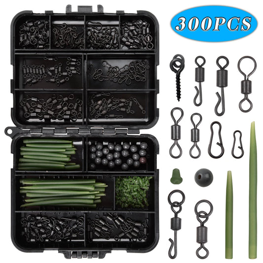 300pcs Carp Fishing Tackle Kit – Includes Anti-Tangle Sleeves, Hook Stops, Beads, Boilie Baits, Screw Rolling Swivels & Snaps - Cast And Catch